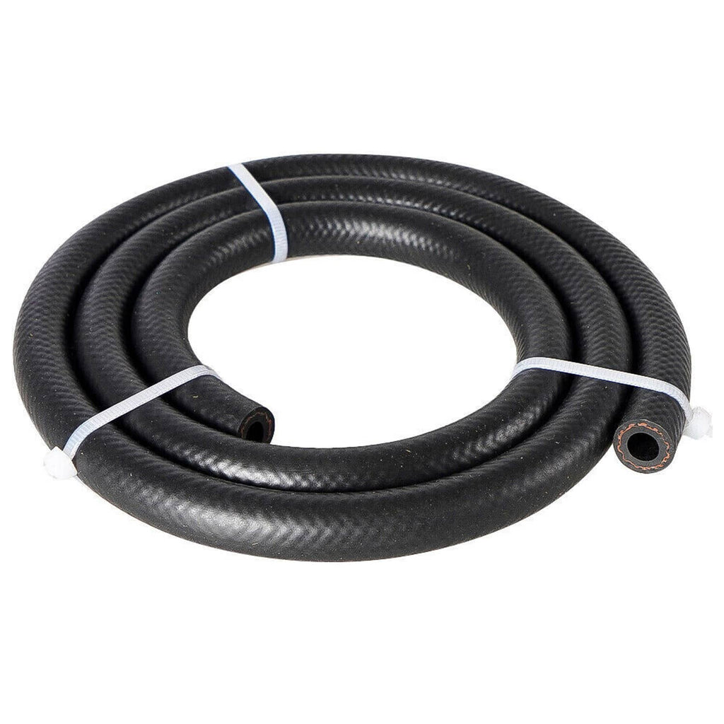Coiled black braided oil cooler hoses with blue stripe and barbed connectors