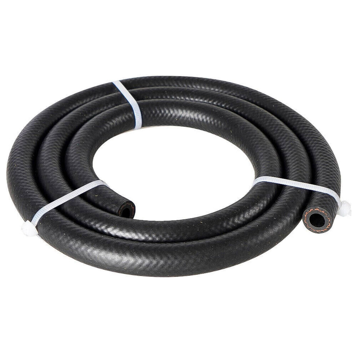 Coiled black braided oil cooler hoses with blue stripe and barbed connectors