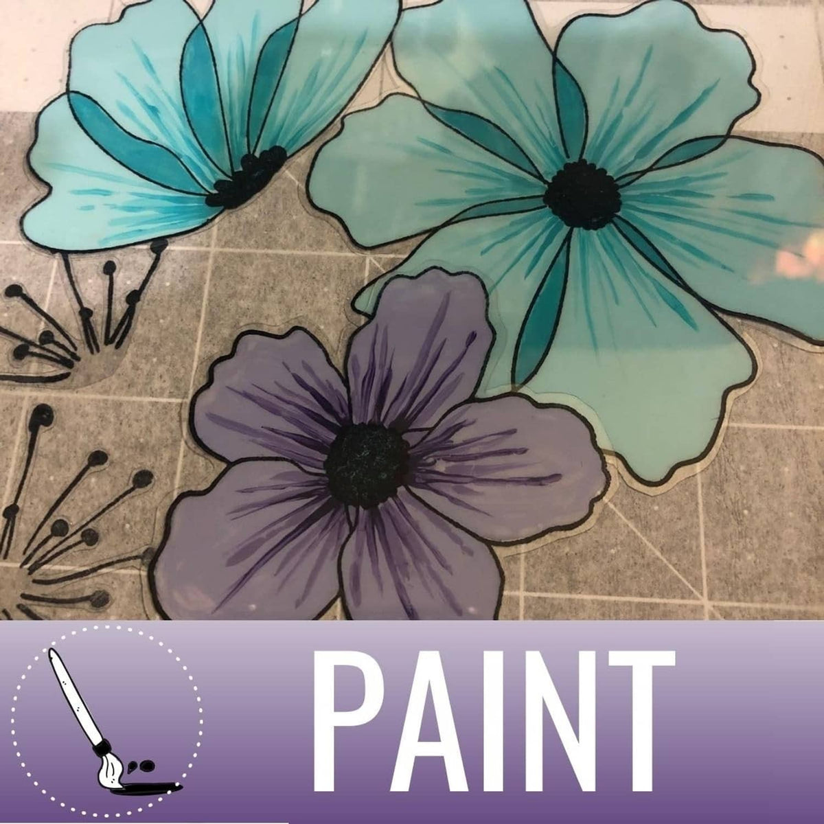 Clear craft mylar film sheet for painting, close-up flower paint pattern on paper