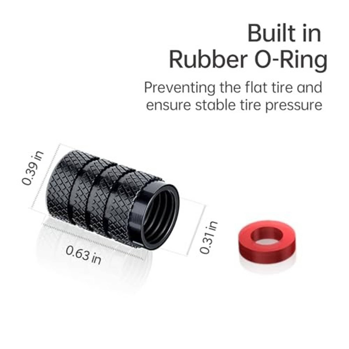 Black tire valve stem cap with textured pattern, inner threads, and red O-ring