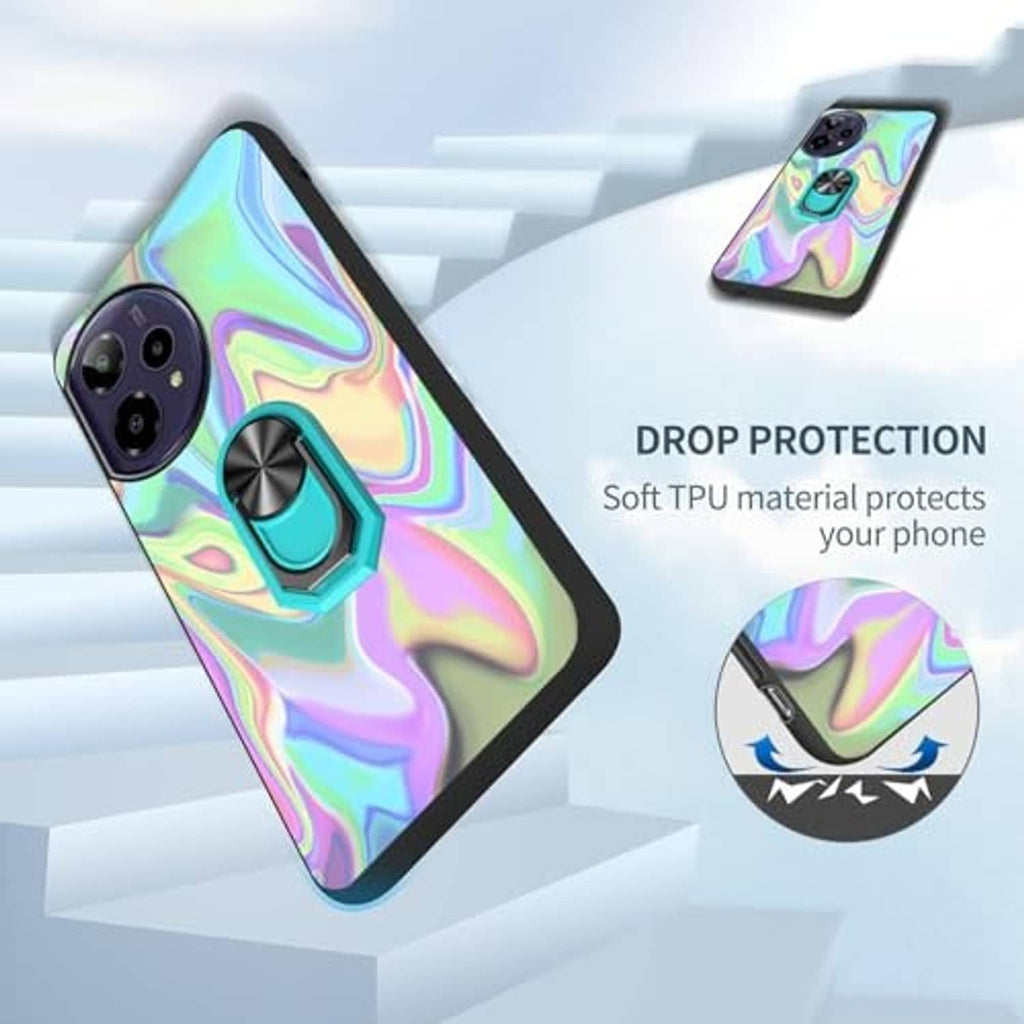Iridescent wavy phone case with teal ring stand and soft TPU drop protection