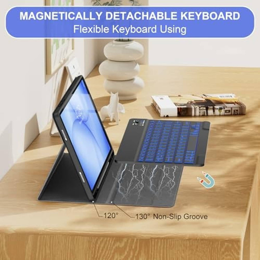Black detachable keyboard tablet case with flexible stand and non-slip grooves