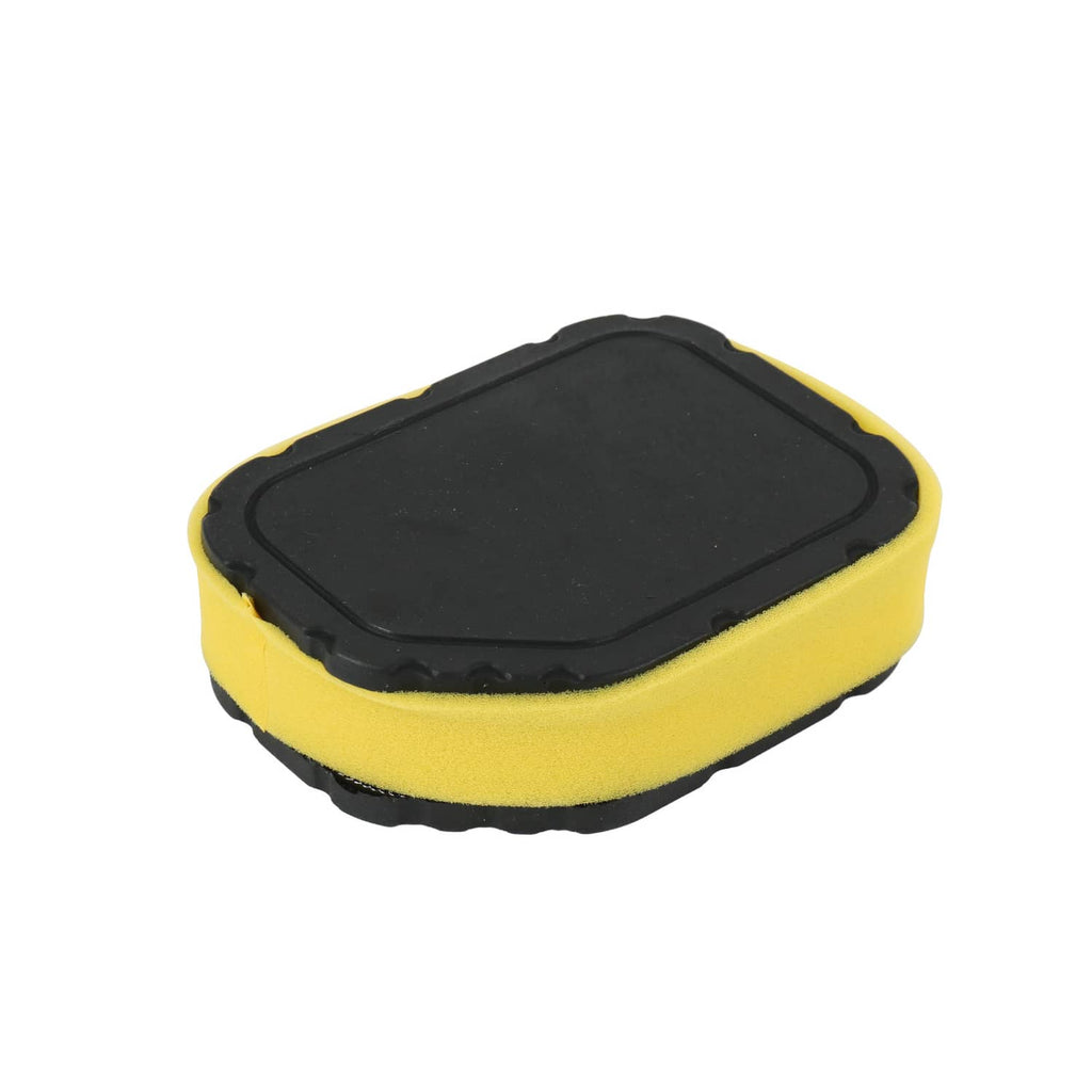 Black air filter top with rounded yellow foam sides and molded frame details
