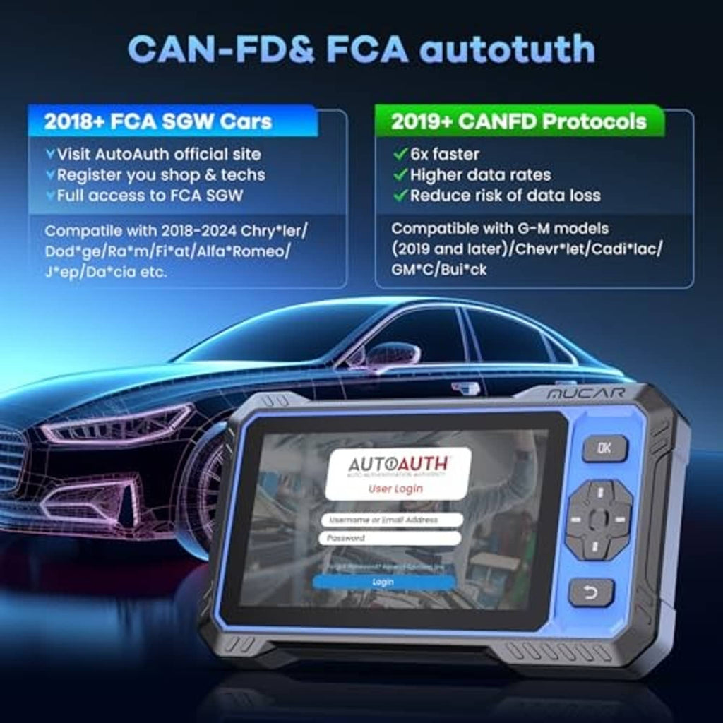 OBD2 bidirectional diagnostic scanner with blue touchscreen showing login screen
