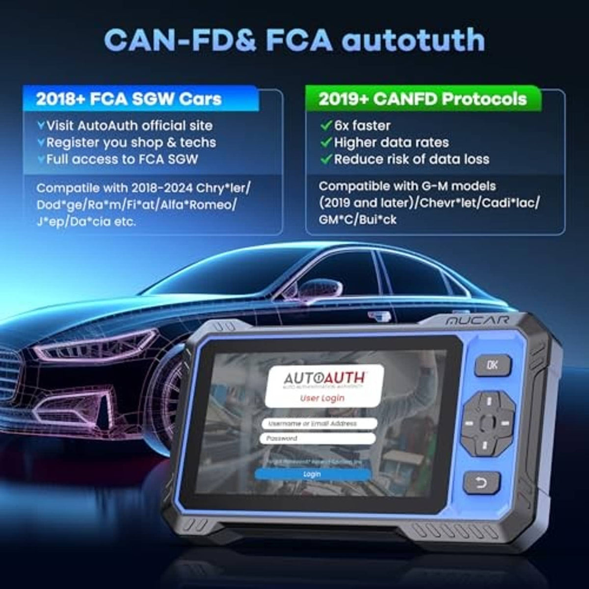 OBD2 bidirectional diagnostic scanner with blue touchscreen showing login screen