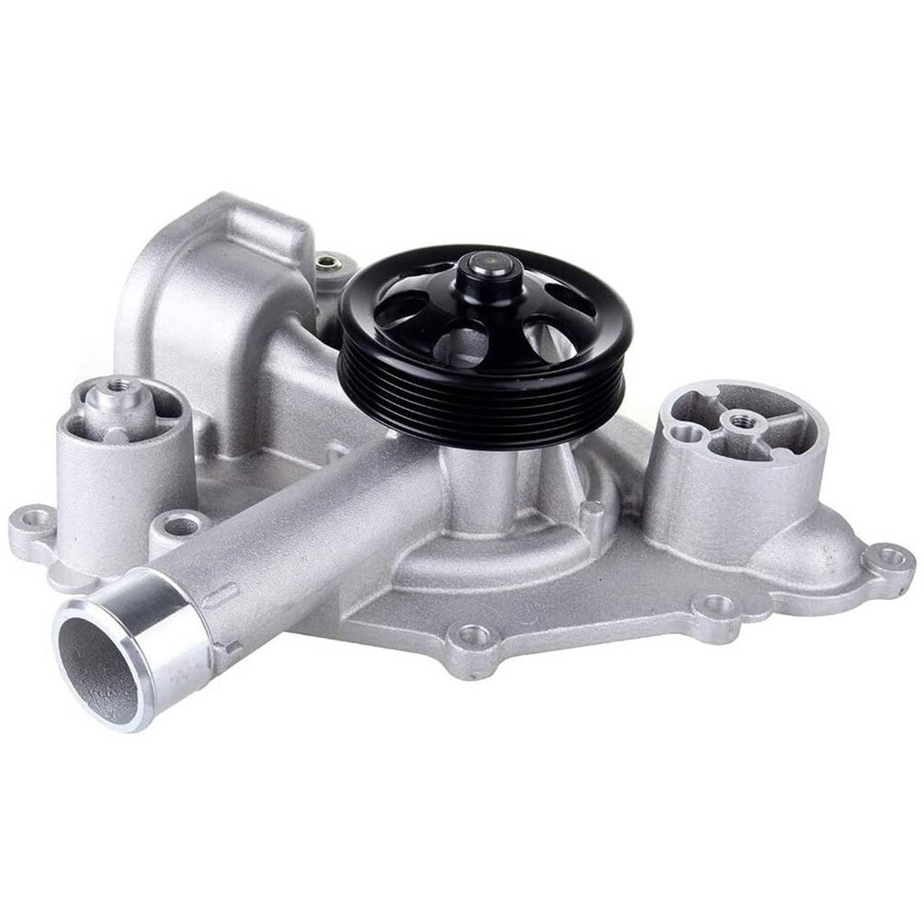 Silver water pump assembly with black pulley wheel and side mounting ports
