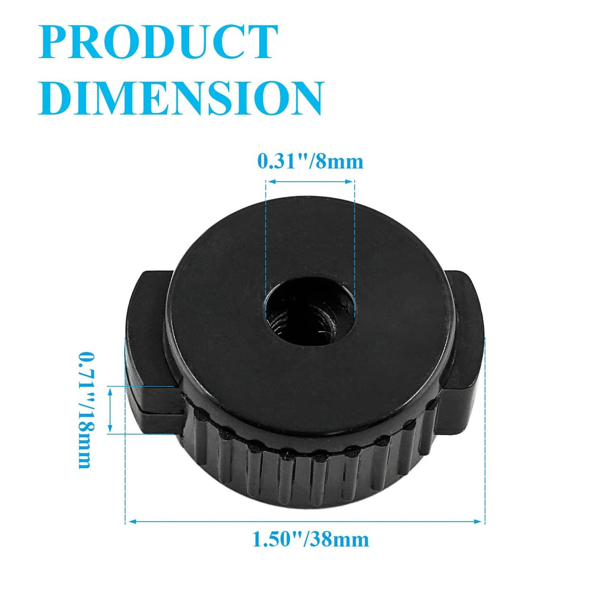 Black plastic cymbal nut size diagram: 8mm center hole, ridged clamp base.
