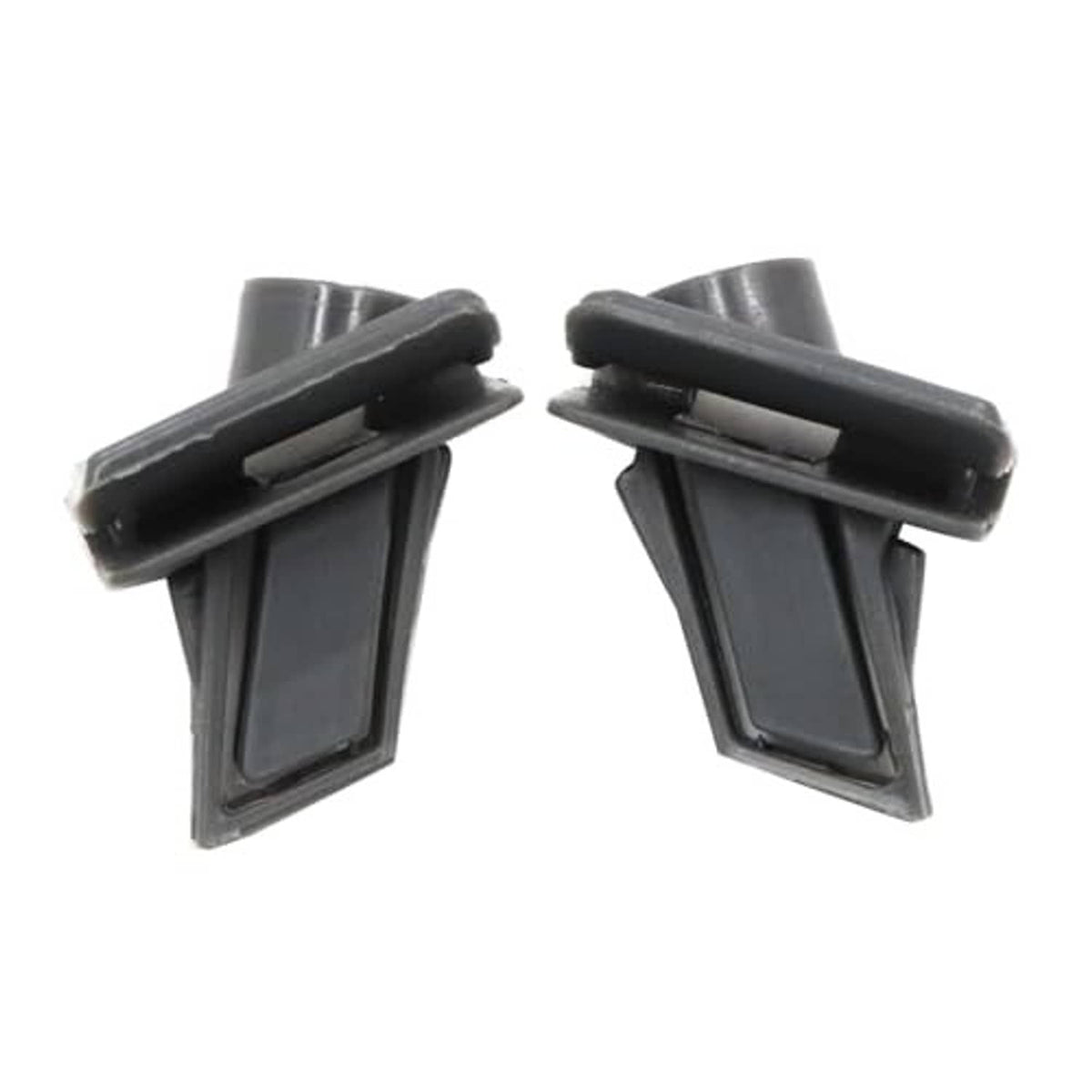 Pair of dark gray bumper to fender bracket retainer clips, side profile view