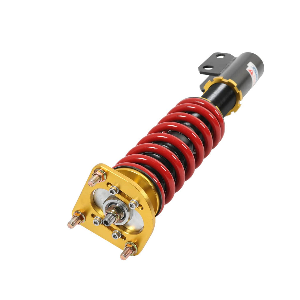 Single coilover strut shock with red spring, gold top plate, and black body