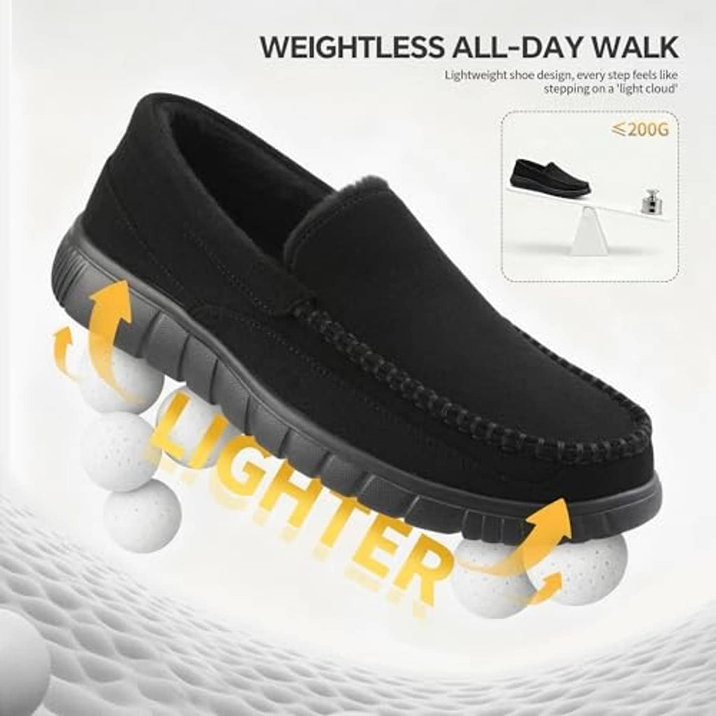 Men's black faux-fur slip-on loafer slippers with stitched moc toe
