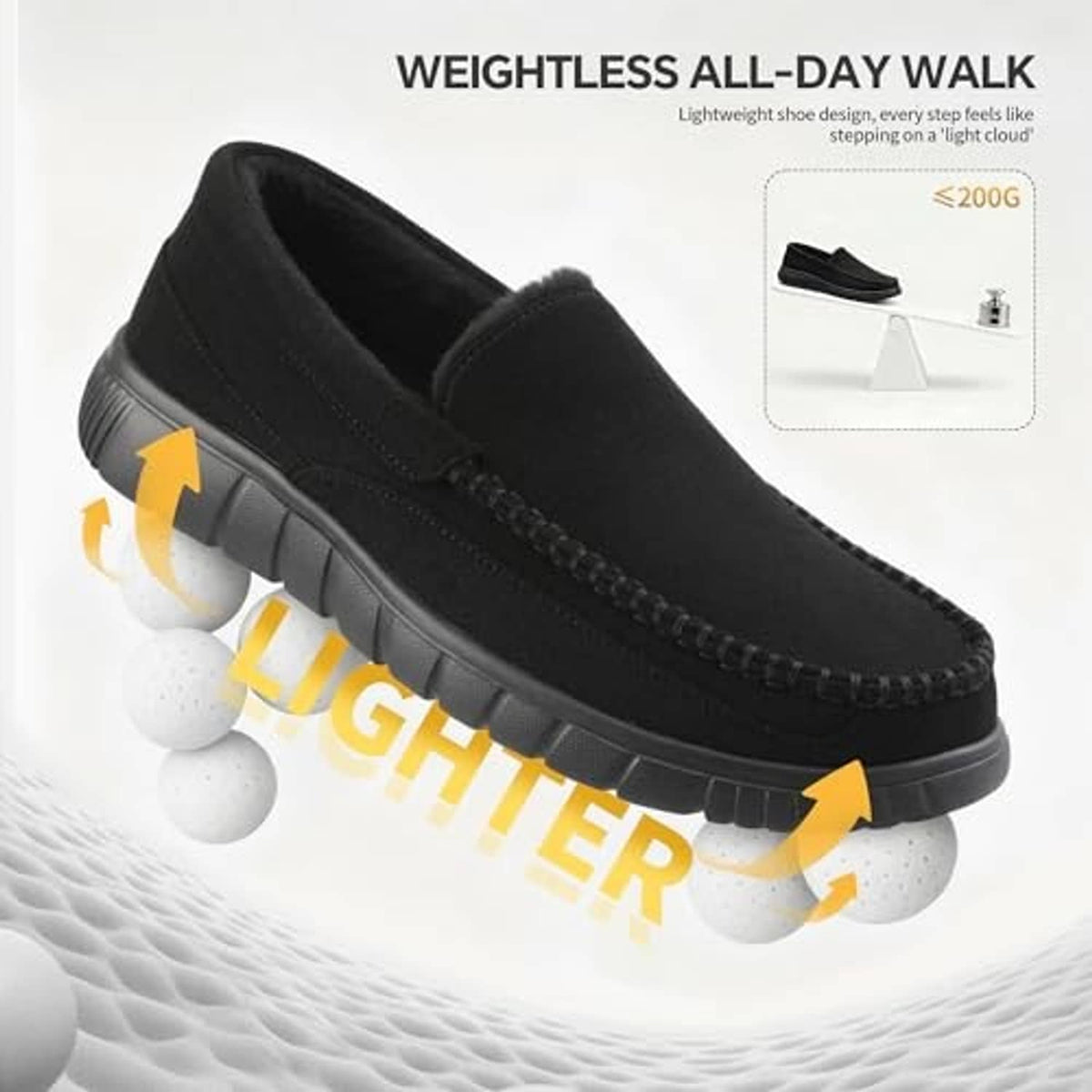 Men's black faux-fur slip-on loafer slippers with stitched moc toe