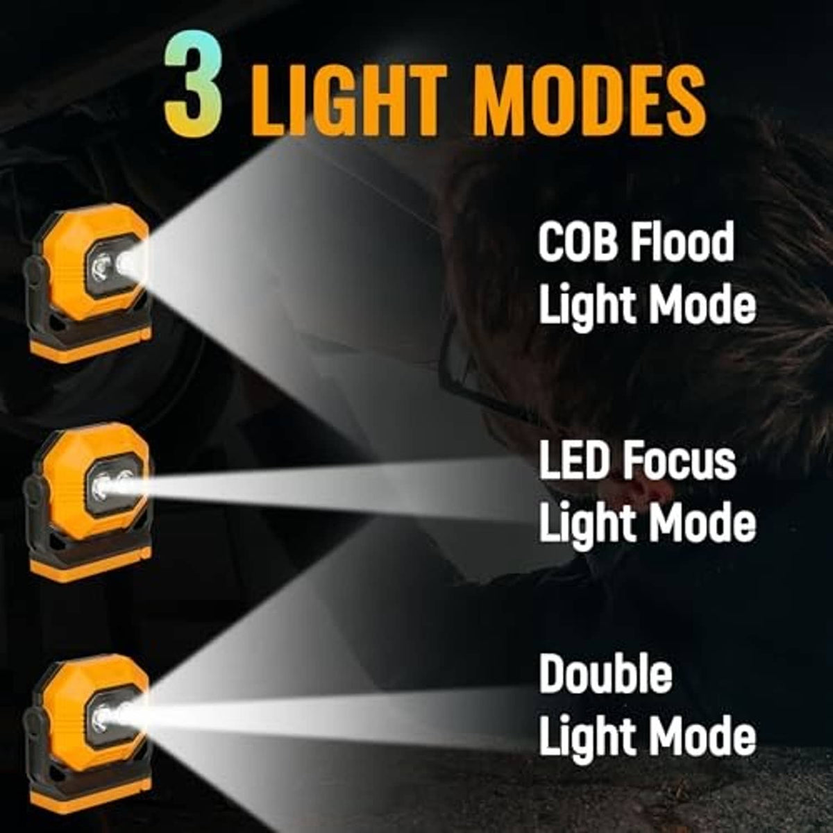 Orange work light showing multiple beam modes, COB flood and LED focus heads