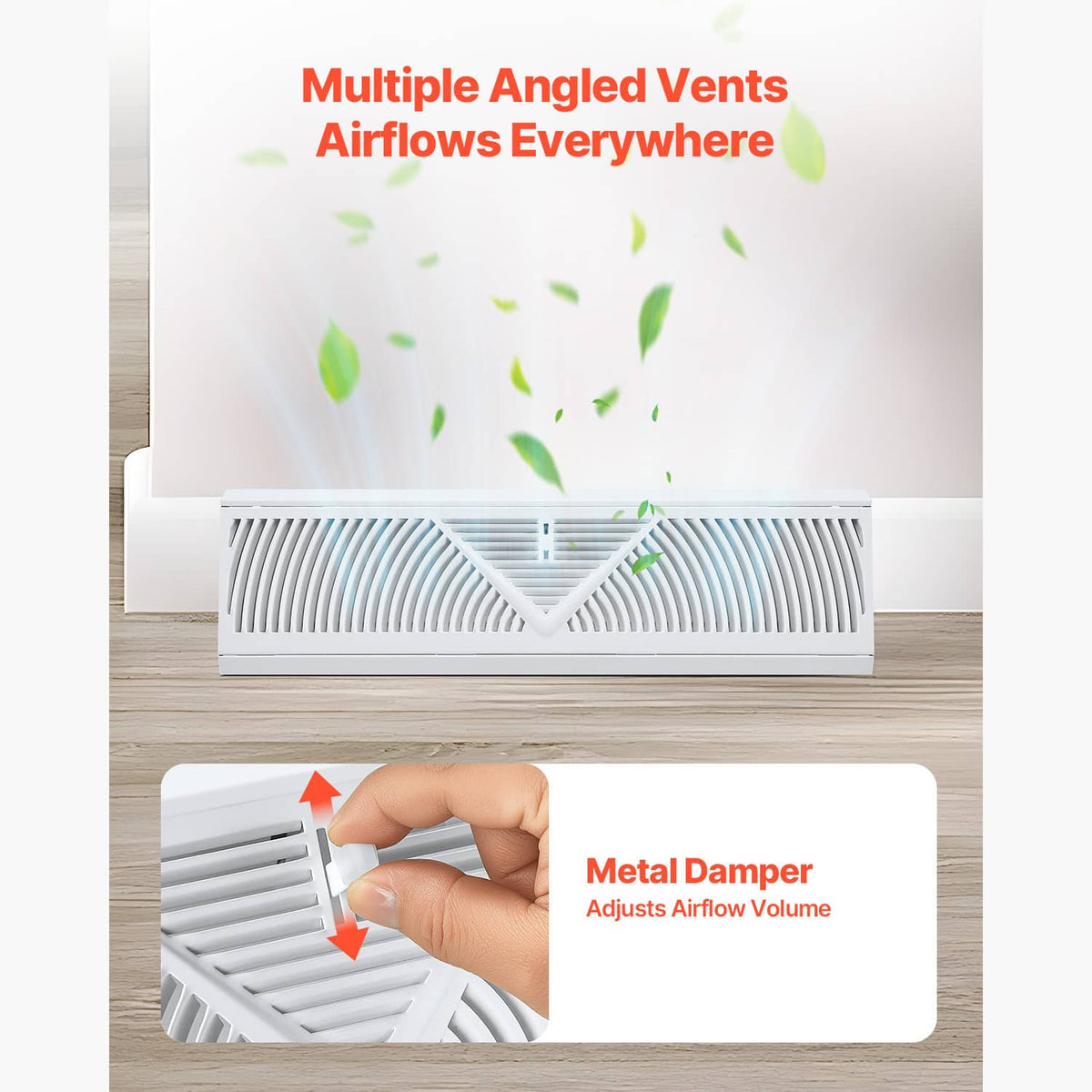 White floor register vent with angled slats for airflow and adjustable damper tab