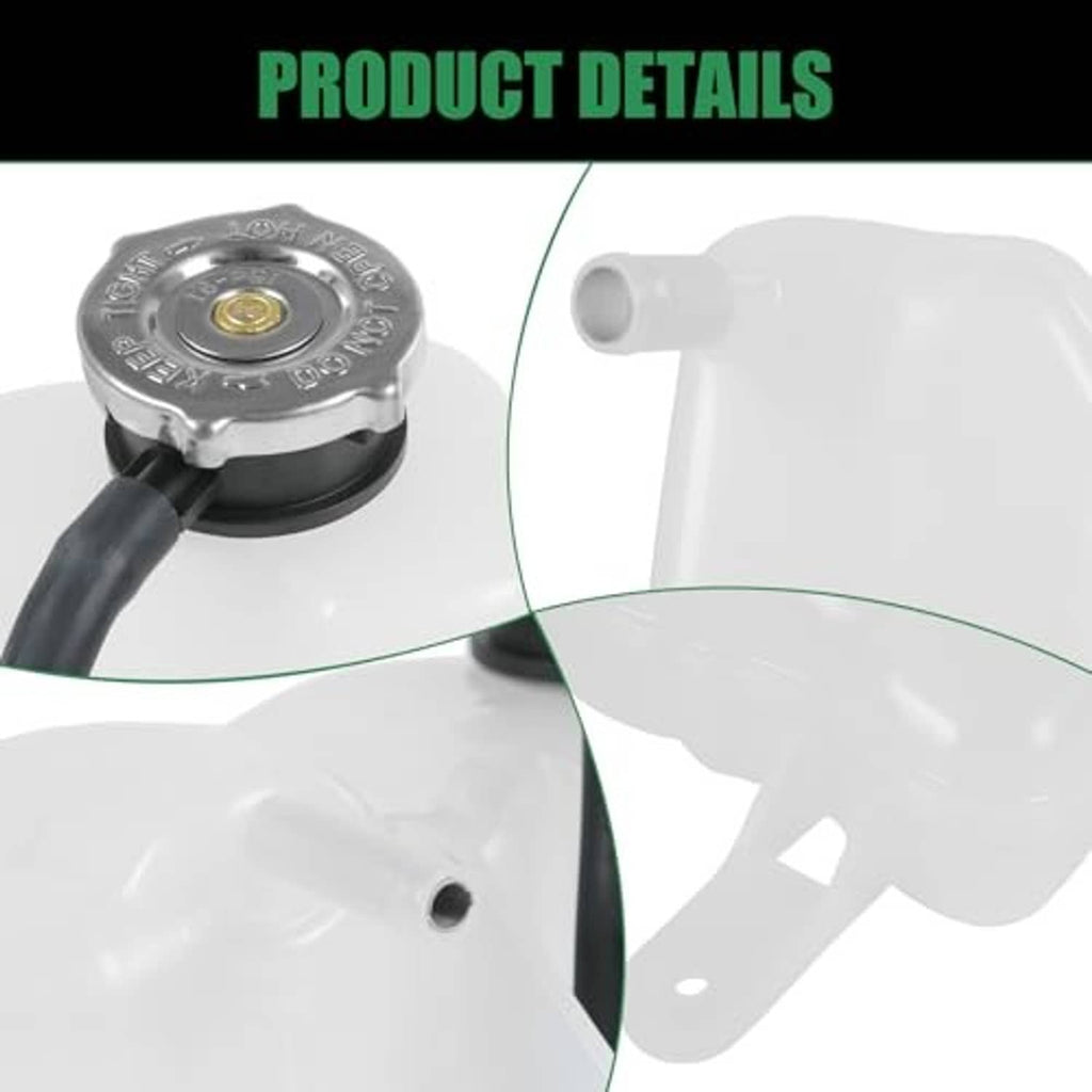 Close-up of white coolant reservoir with round metal cap and black hose