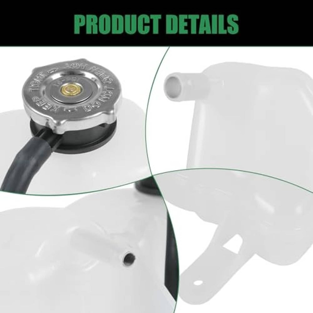 Close-up of white coolant reservoir with round metal cap and black hose