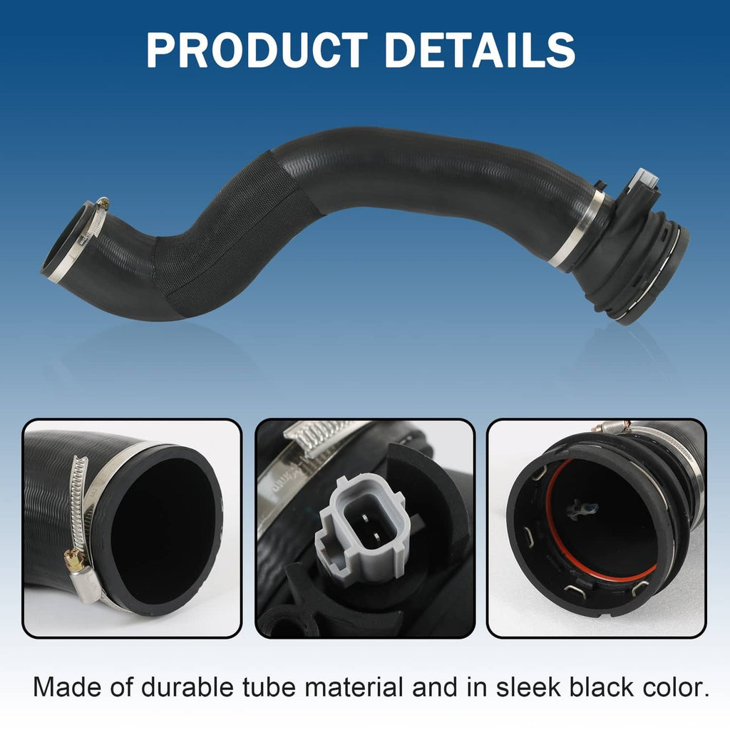 Black turbo intercooler outlet hose with sensor, angled connector with detailed fittings
