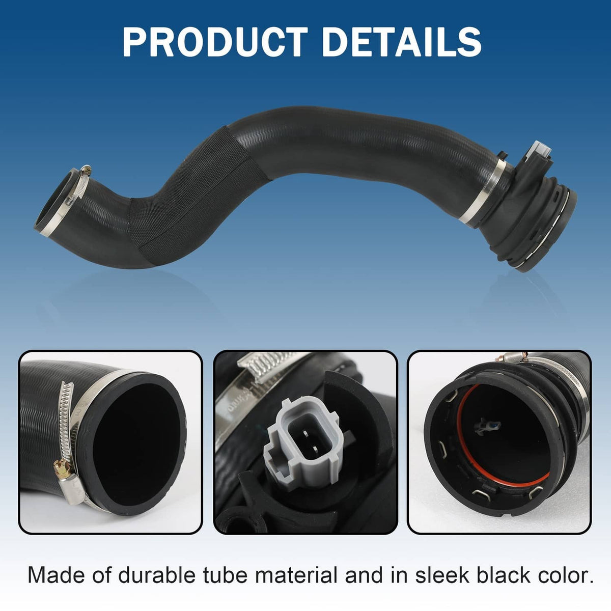 Black turbo intercooler outlet hose with sensor, angled connector with detailed fittings