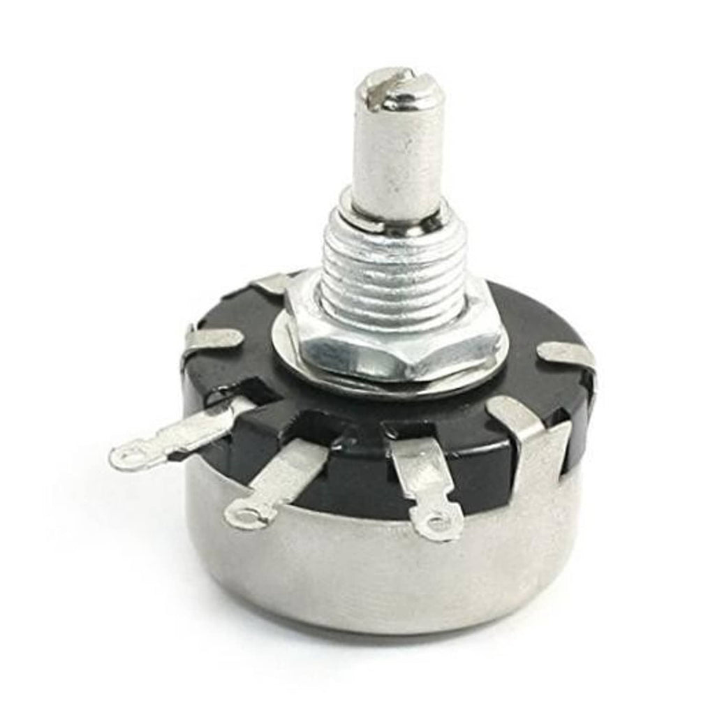 Round metal-shaft single-turn potentiometer with 3 solder lugs and black resistor body