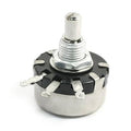 Round metal-shaft single-turn potentiometer with 3 solder lugs and black resistor body