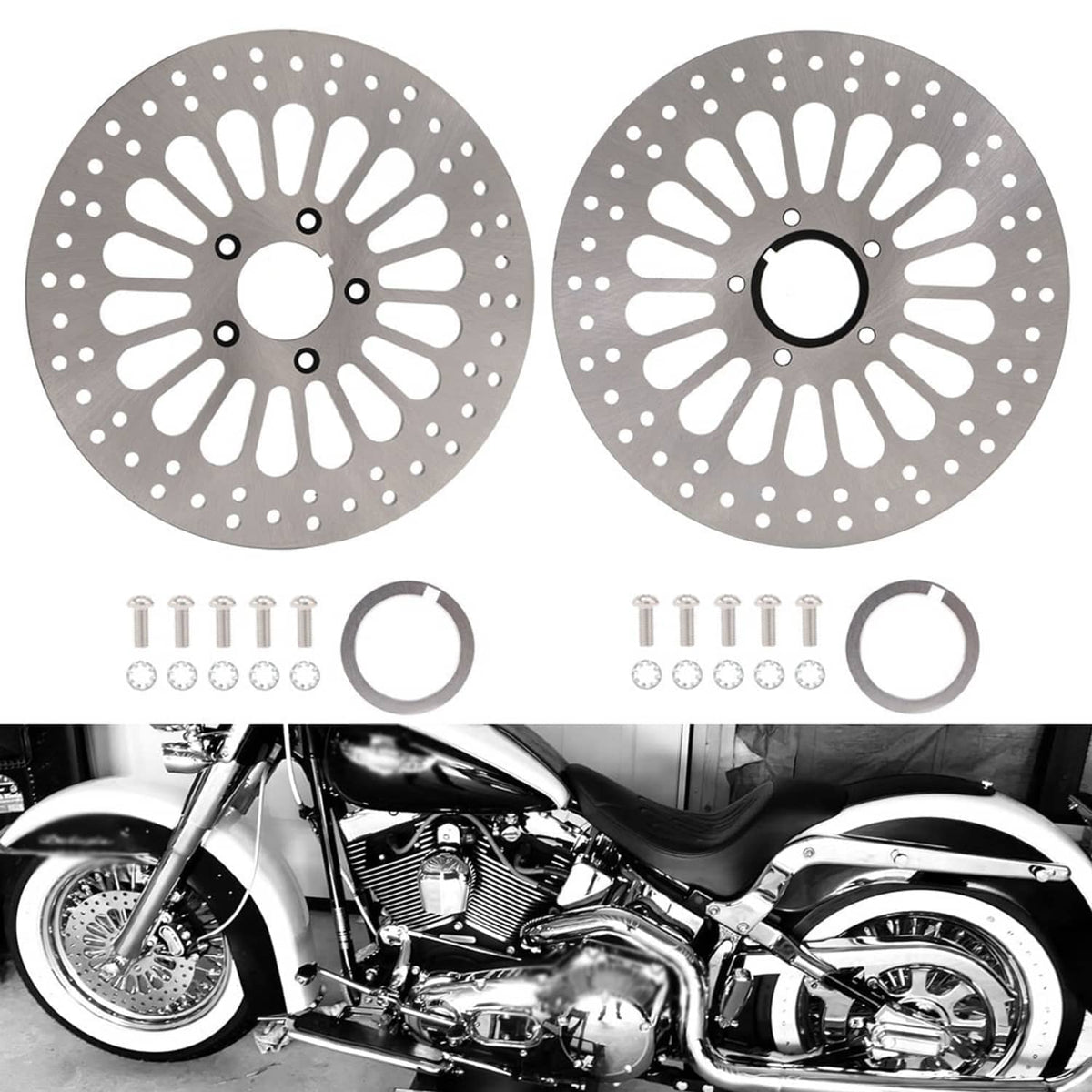 Two round silver brake rotors with bolt kit components, perforated disc design