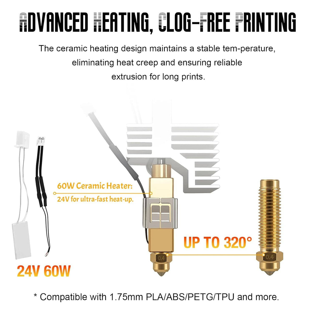 Hotend upgrade diagram showing ceramic heater, nozzle, and brass threaded nozzle parts