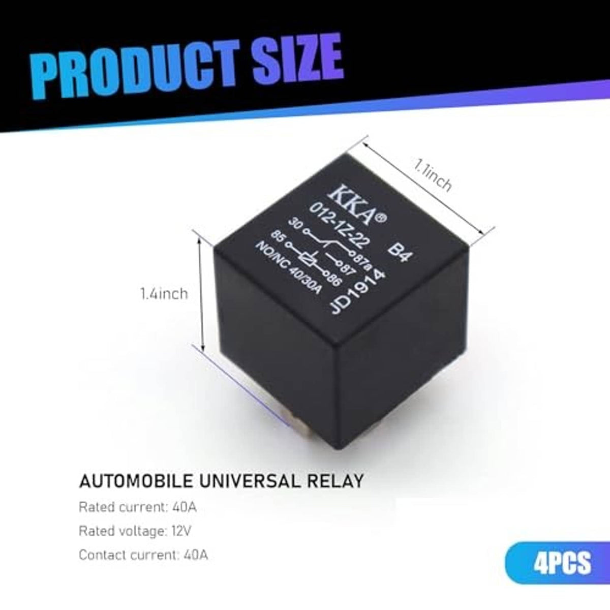Black automotive relay cube with printed specifications and 5-pin base