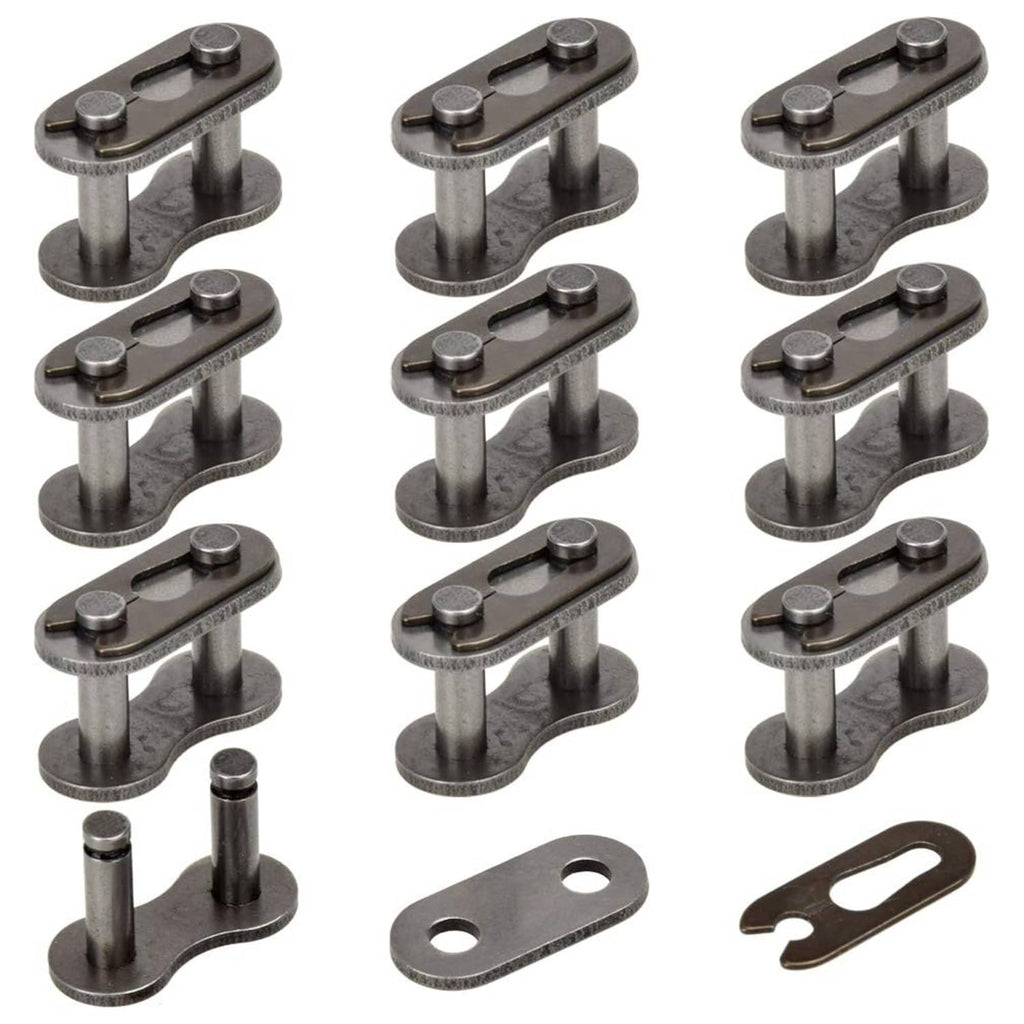 Metal roller chain master link connector set, dark finish with pins and top plate