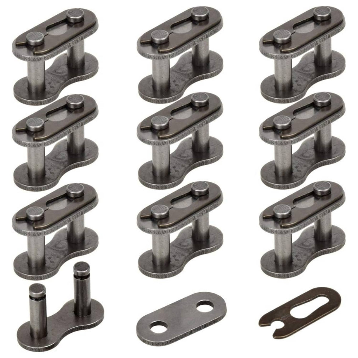 Metal roller chain master link connector set, dark finish with pins and top plate