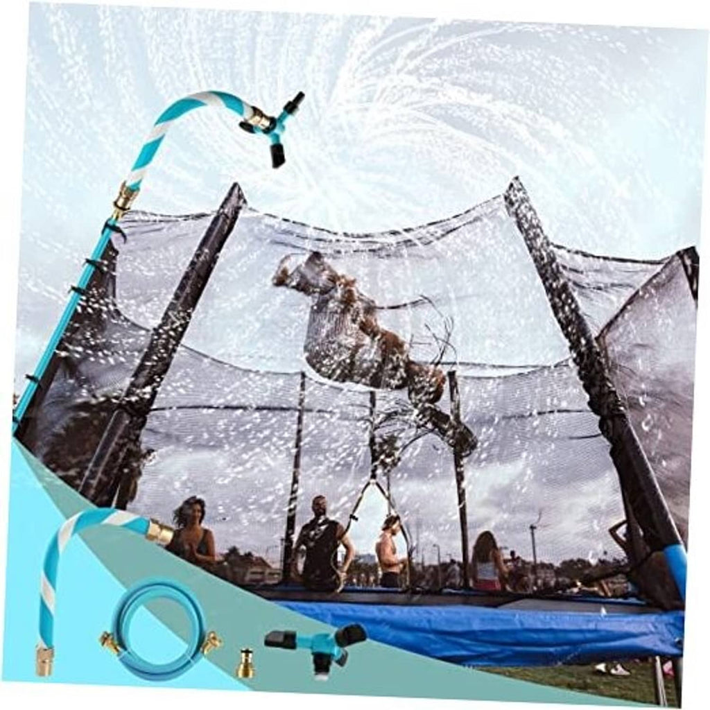 Trampoline sprinkler with blue-and-white striped hose spraying water above bounce net