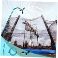 Trampoline sprinkler with blue-and-white striped hose spraying water above bounce net