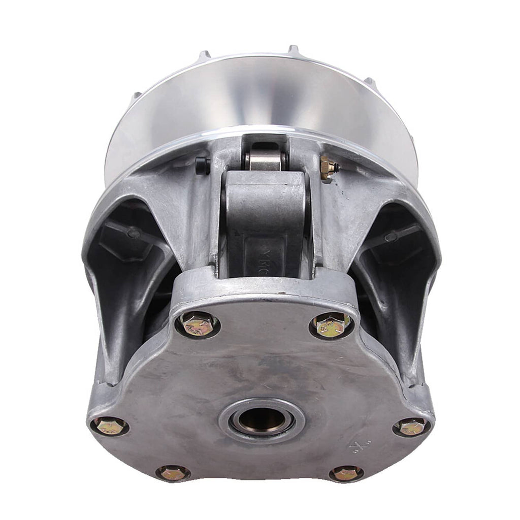 Primary drive clutch front view with circular housing, mounting bolts, and internal bracket