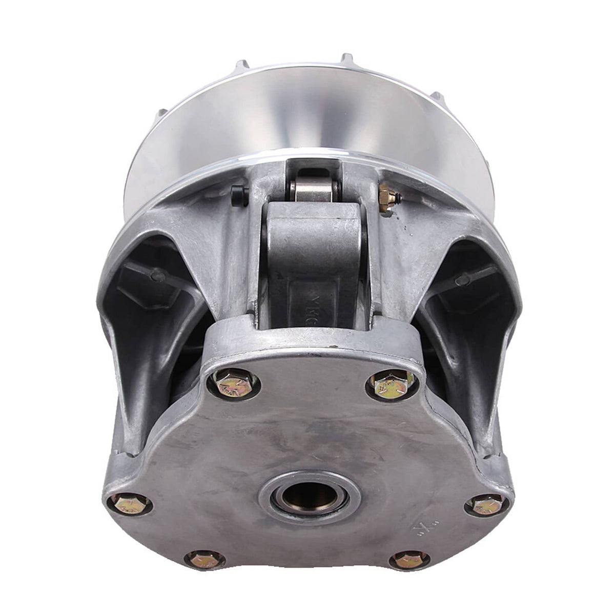 Primary drive clutch front view with circular housing, mounting bolts, and internal bracket