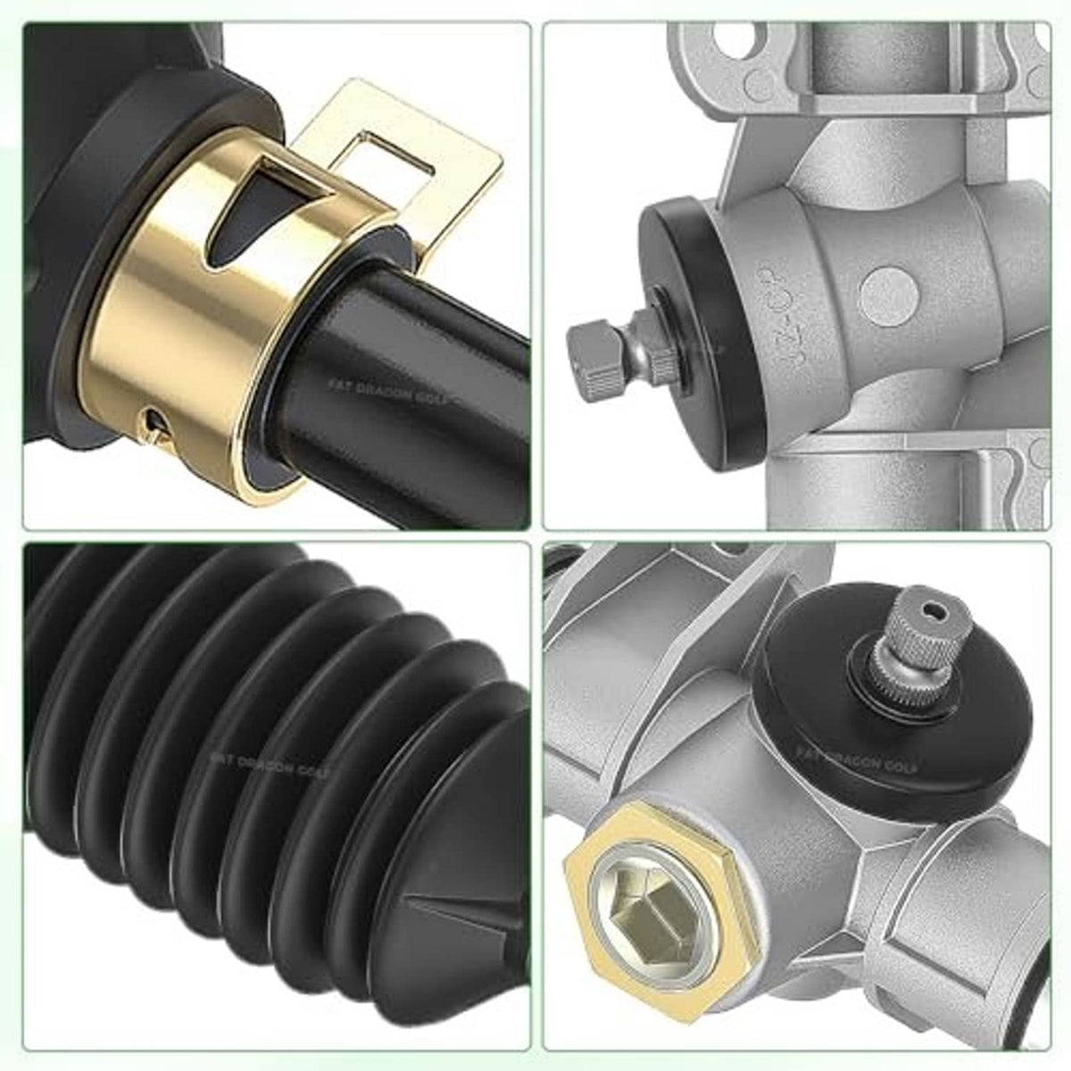 Steering rack close-up with black boots, gold-toned fittings, and silver housing