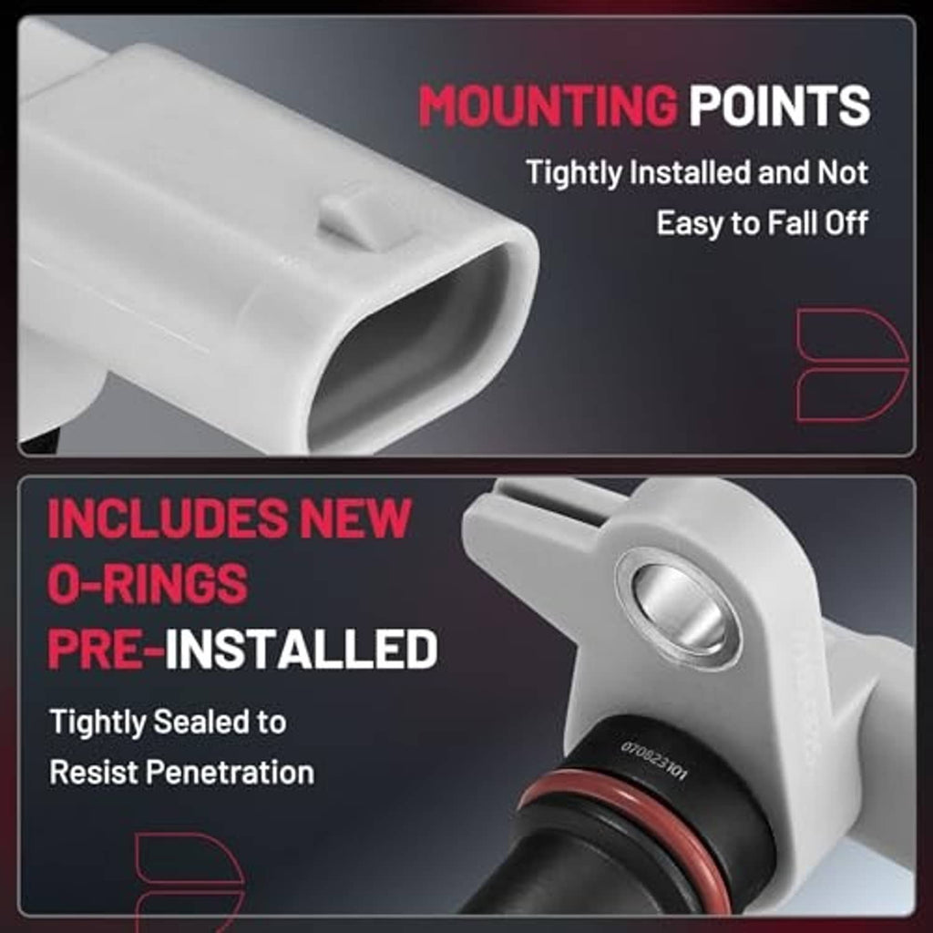 Close-up camshaft position sensor end with silver metal insert and gray plastic housing