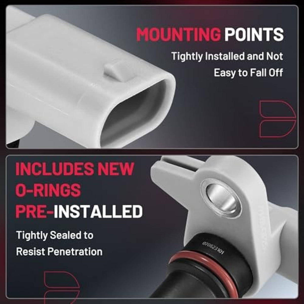 Close-up camshaft position sensor end with silver metal insert and gray plastic housing