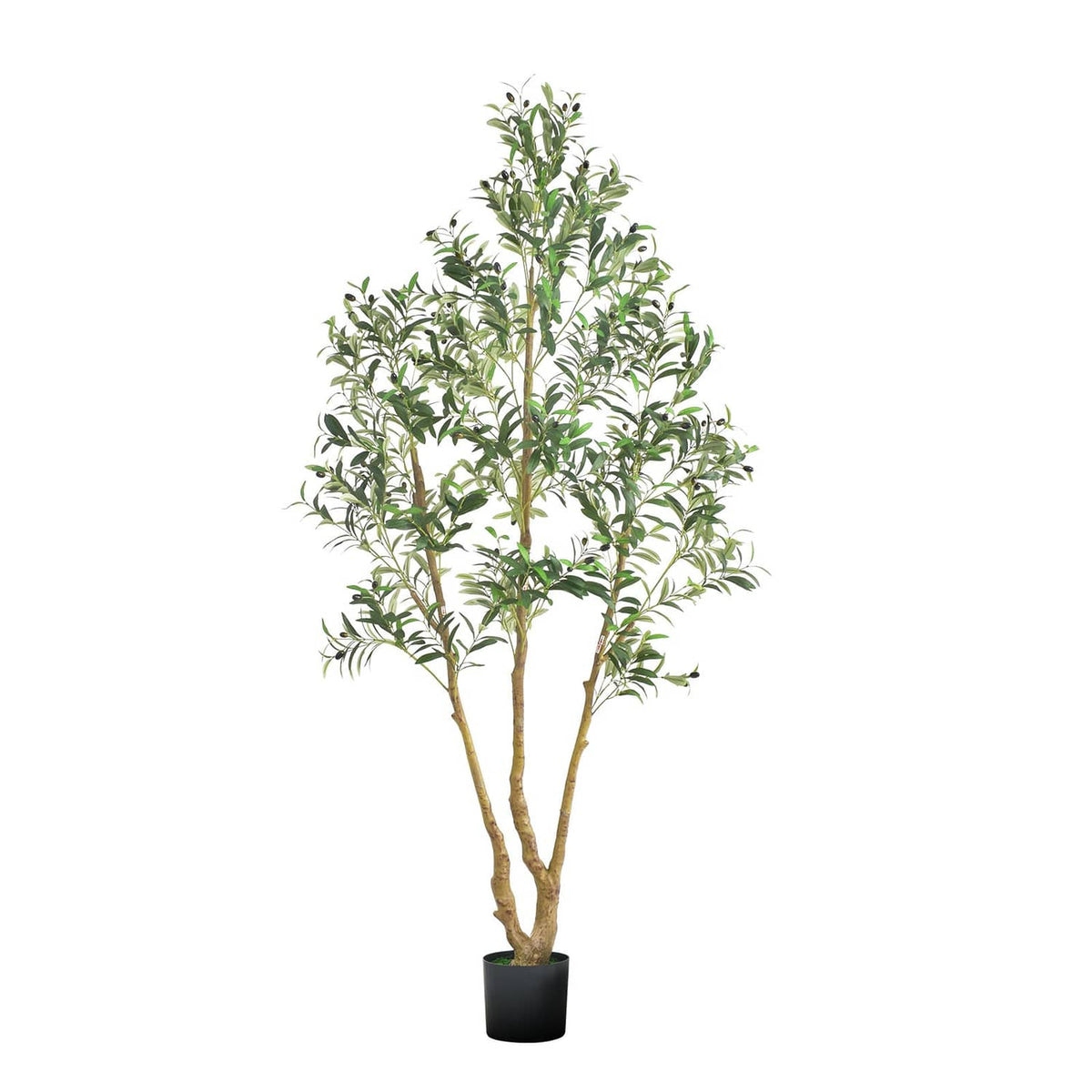 Artificial olive tree with dense green foliage in black pot
