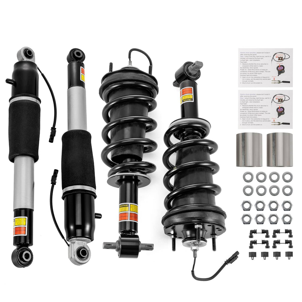 Four-piece strut shock set: two shocks and two coil assemblies, plus parts kit