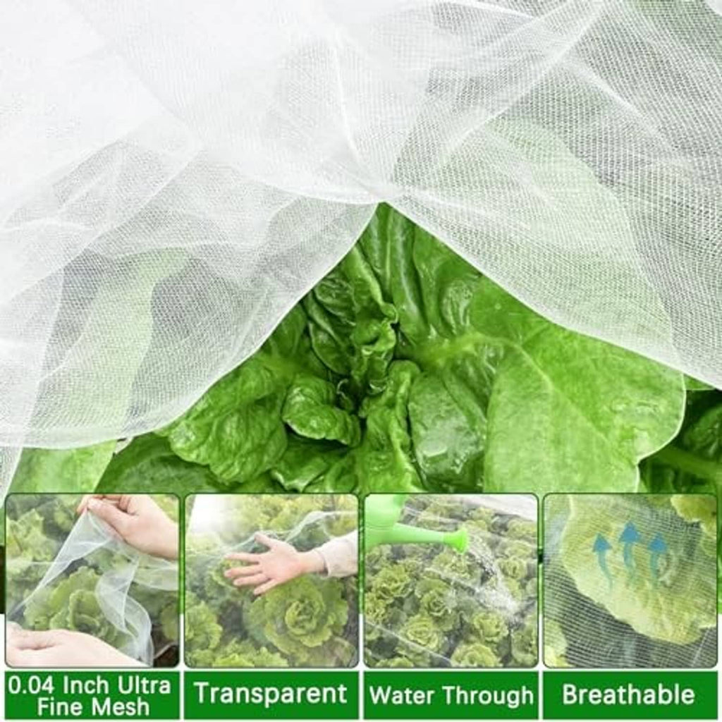 Ultra-fine clear mesh netting draped over bright green lettuce in a raised garden bed