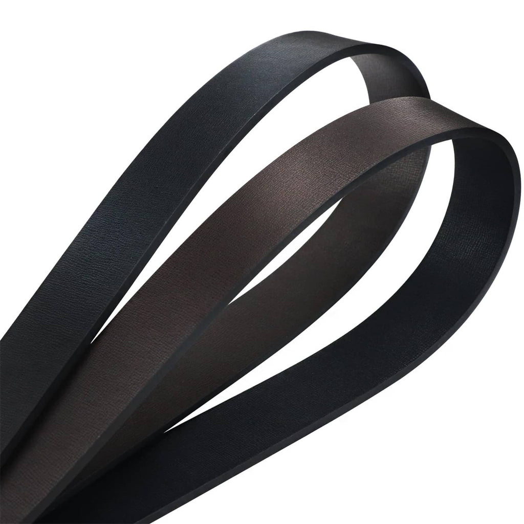 Black leather belt with textured strap and dark brown underside