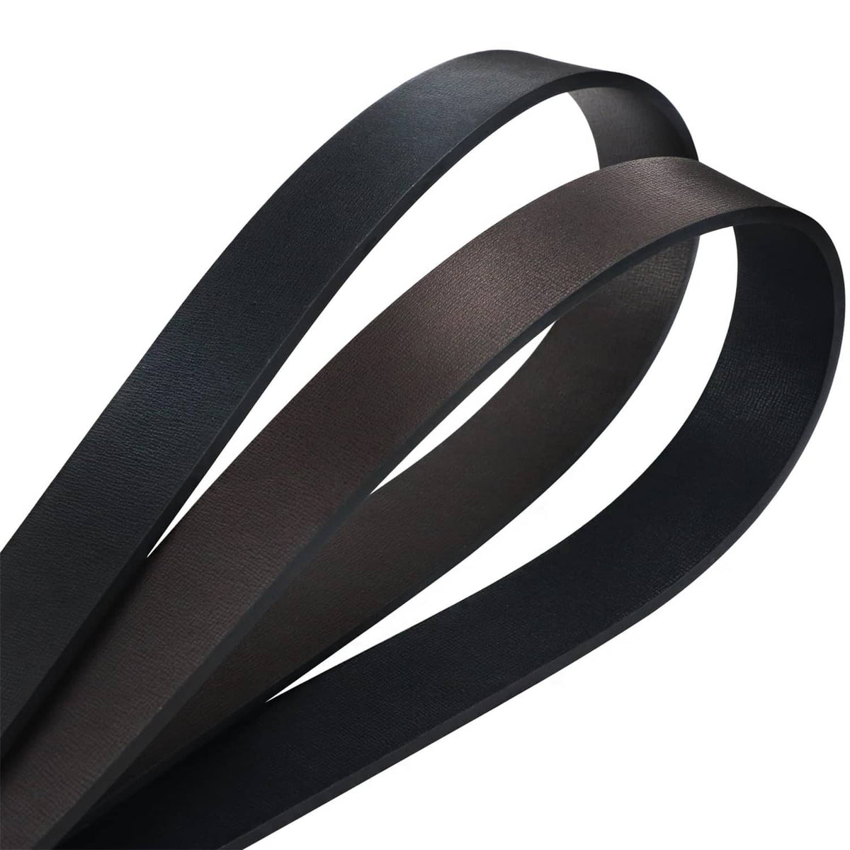 Black leather belt with textured strap and dark brown underside