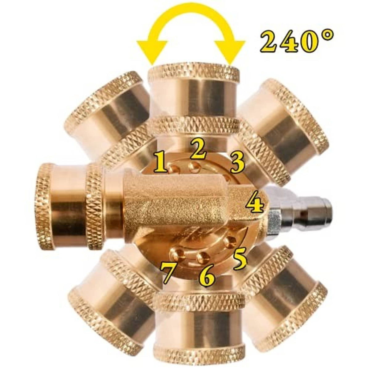 Brass pressure washer multi-angle nozzle with numbered 1–7 jet positions