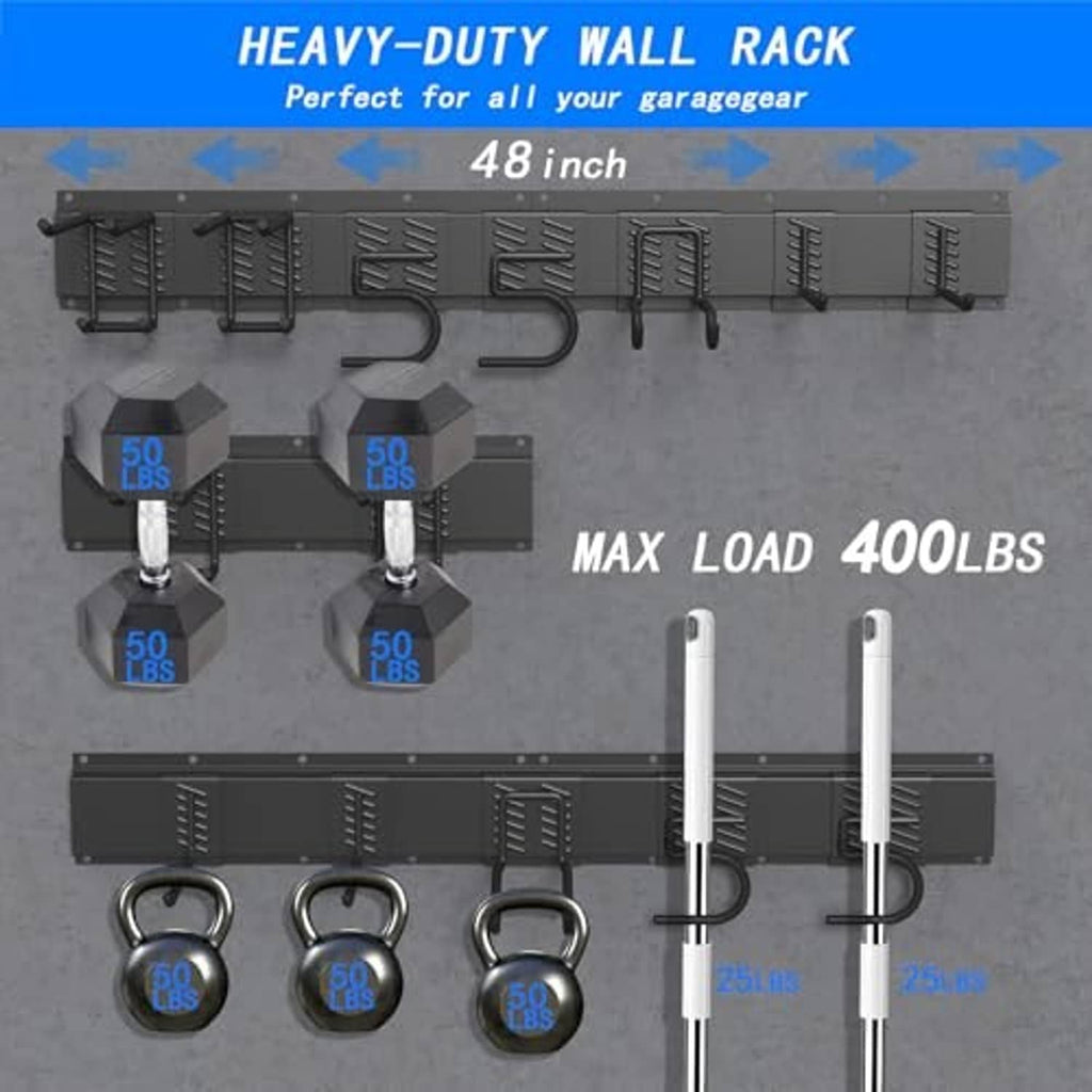 Black heavy-duty wall rack with storage bins, curved hooks, and hanging kettlebell rings