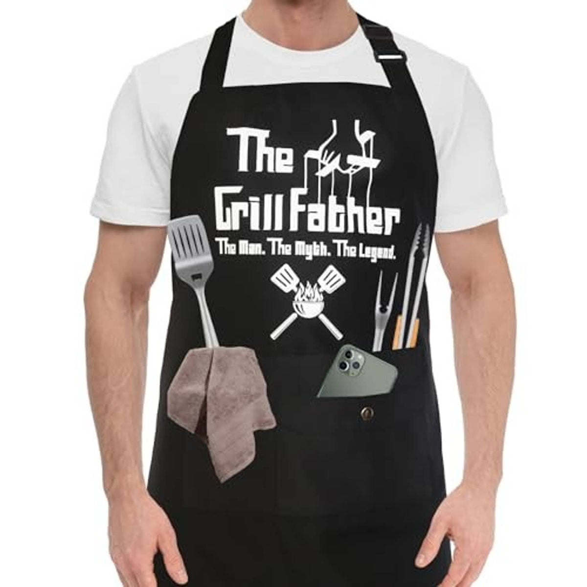 Black chef apron with grilling graphic on chest and multiple kitchen tools illustration