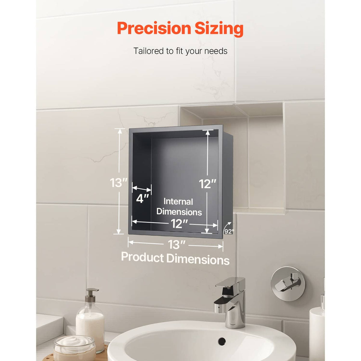 Black recessed shower shelf niche size diagram, internal 12 x 12 inches