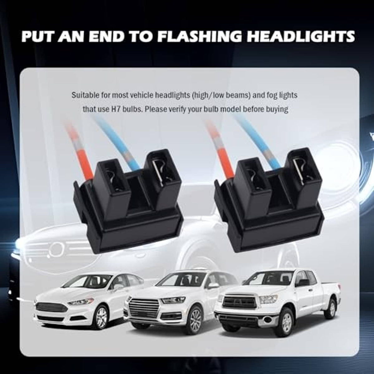 2-piece H7 headlight connector plugs, black housings with blue/red striped wire leads