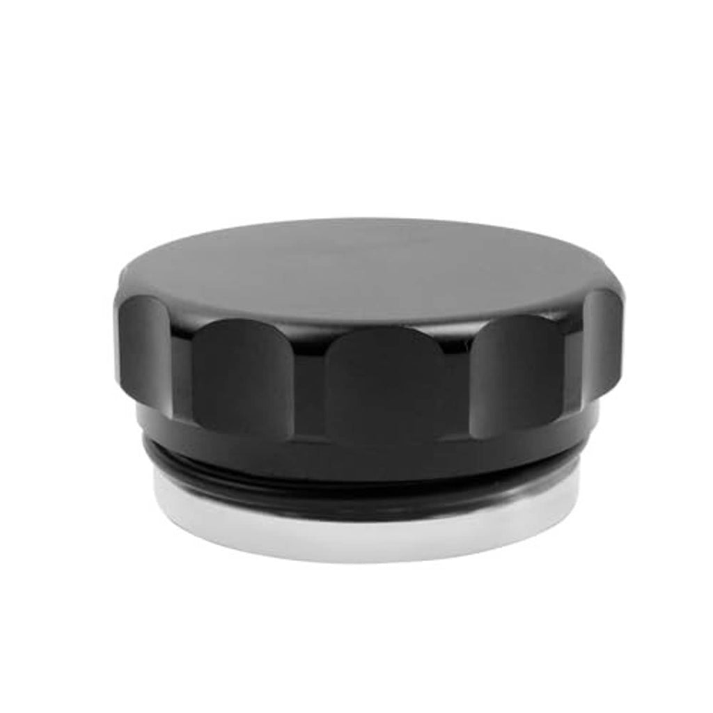 Filler neck cap with dark matte top, black side ridges, and silver base ring