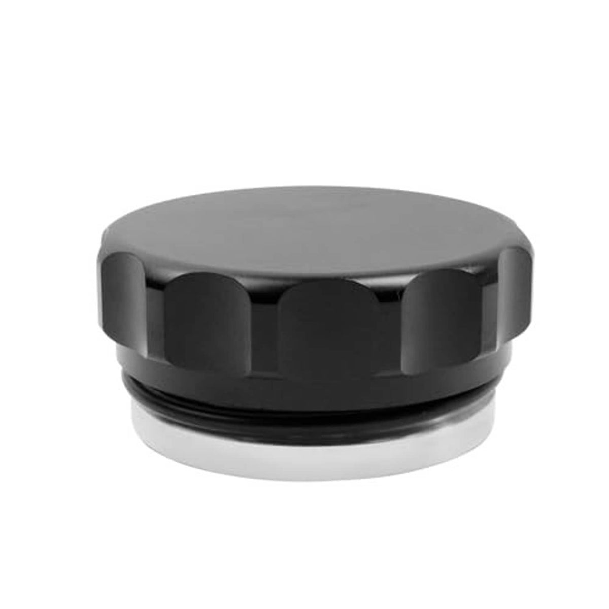 Filler neck cap with dark matte top, black side ridges, and silver base ring