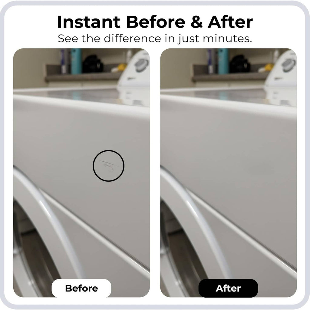 Before-and-after view of a white appliance corner improved with touch-up paint.