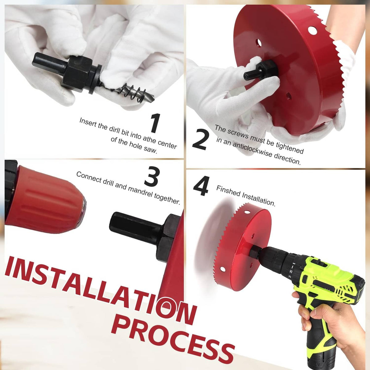 Red hole saw with pilot bit held by gloved hands for recessed lighting installation