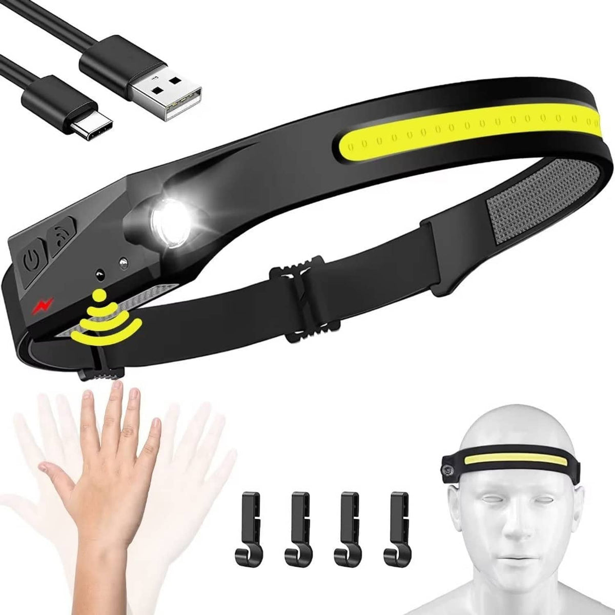 Rechargeable black LED headlamp with elastic head strap and front wide light bar
